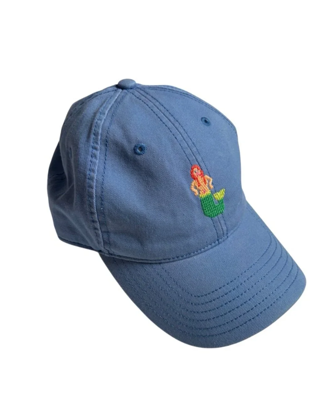 Harding Lane Needlepoint Mermaid Hat Blue Adjustable Strap Coastal Beach Preppy